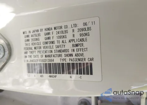 2011 Acura Tsx 2.4 из США, поврежденный, VIN JH4CU2F65BC013884